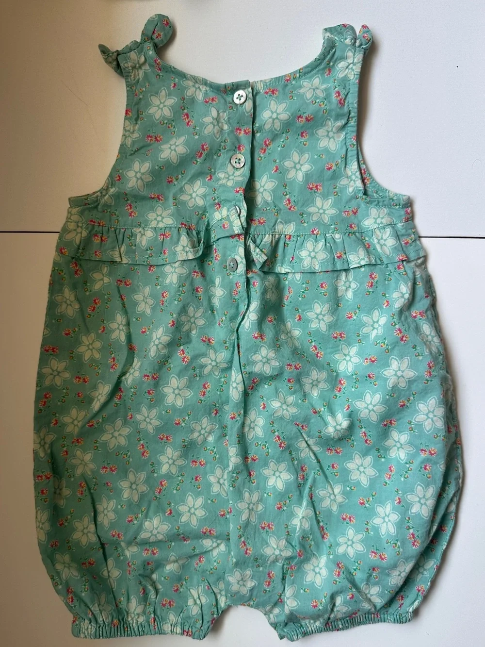 April Cornell Green Floral Cotton Bubble Romper with Sun Hat 6-12m
